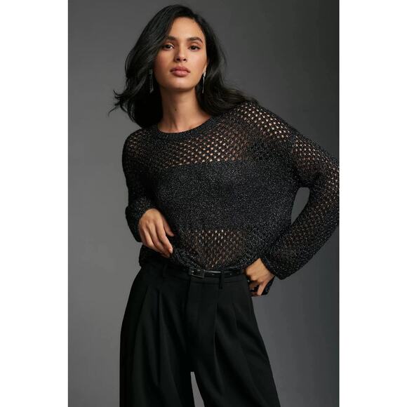 Anthropologie Sweaters - Anthropologie Pilcro Sweater Womens Extra Small Black Metallic Open Knit Party